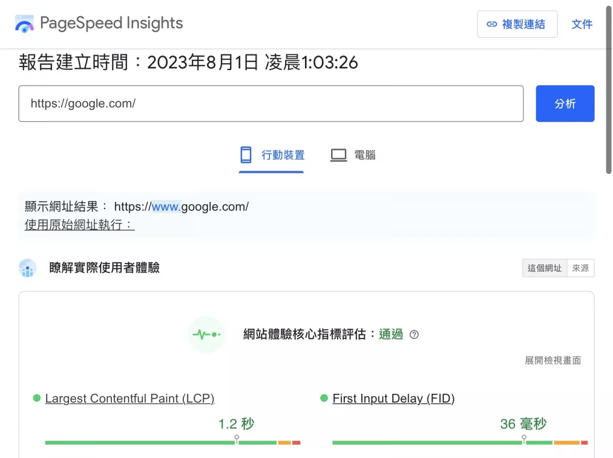 Google PageSpeed   Insights 功能畫面截圖 